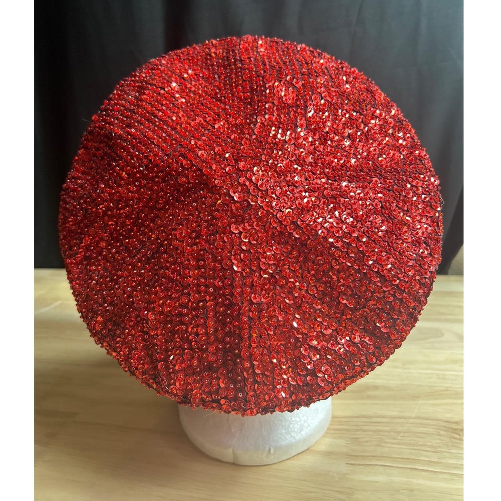 Womens Red Sequin Beret Hat Adjustable‎ Glam Sparkle Party Costume Accessory